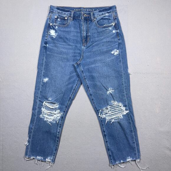American Eagle Jeans Women 4 The Mom‎ High Rise Cropped Jeans Distressed Raw Hem - Picture 1 of 11